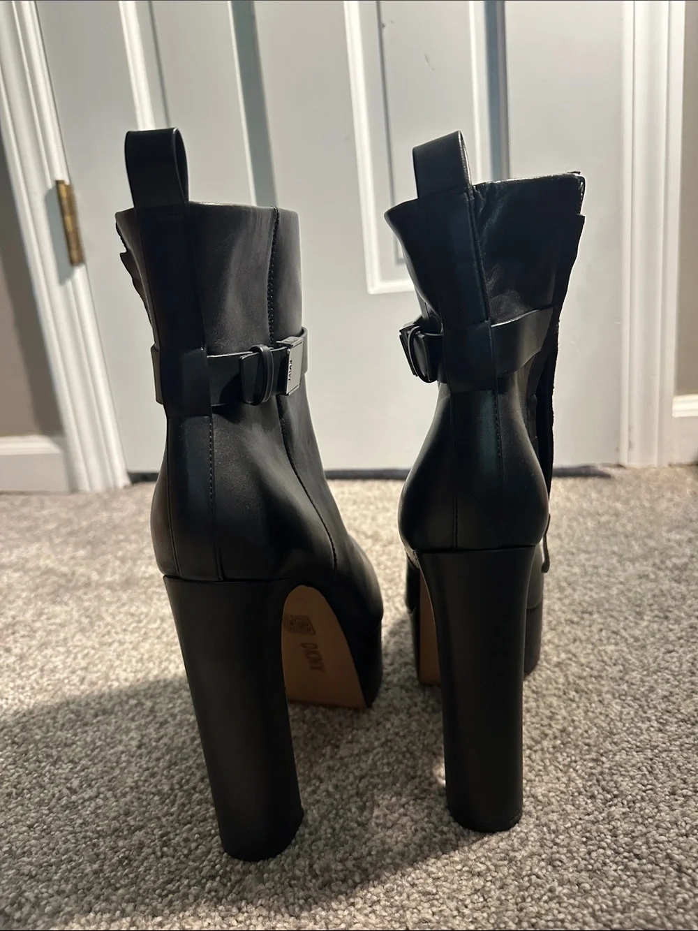 DKNY Black Platform Ankle Boots High Platform Heel and Buckle Strap - NEW